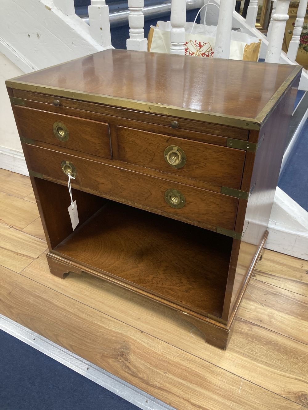 A brass mounted military style side cabinet, fitted slide, width 56cm, depth 41cm, height 60cm